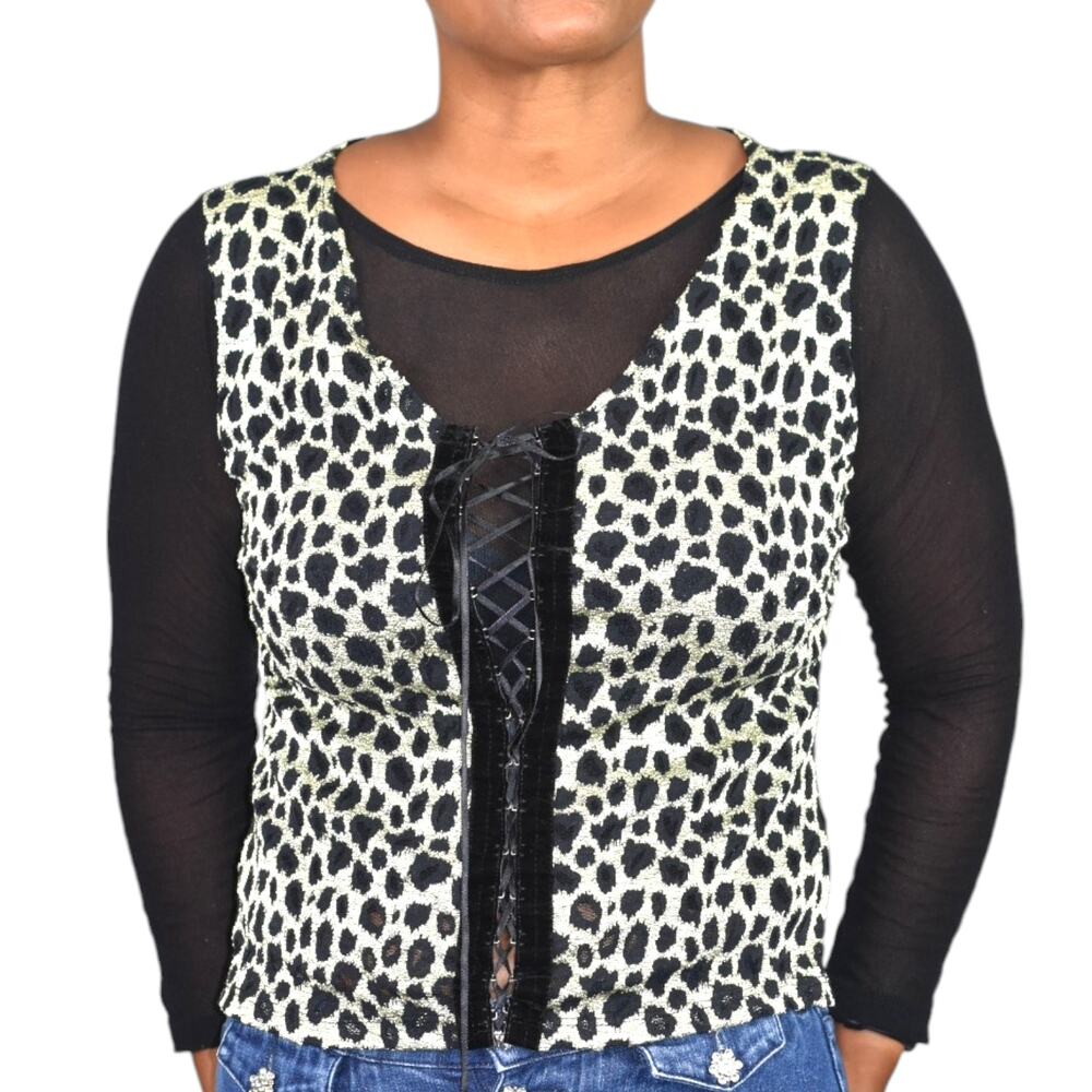 Vintage Corset Lacing Shirt Black Mesh Animal Print 90s Pullover Stretchy Medium - Picture 12 of 16